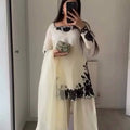 Off White & Black Embroidered Fendy Silk Palazzo Suit Set