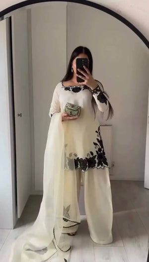 Off White & Black Embroidered Fendy Silk Palazzo Suit Set