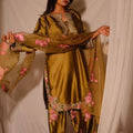 Olive Gold Japan Satin Embroidered Farshi Salwar Suit Set