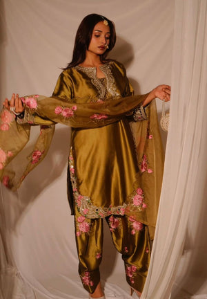 Olive Gold Japan Satin Embroidered Farshi Salwar Suit Set