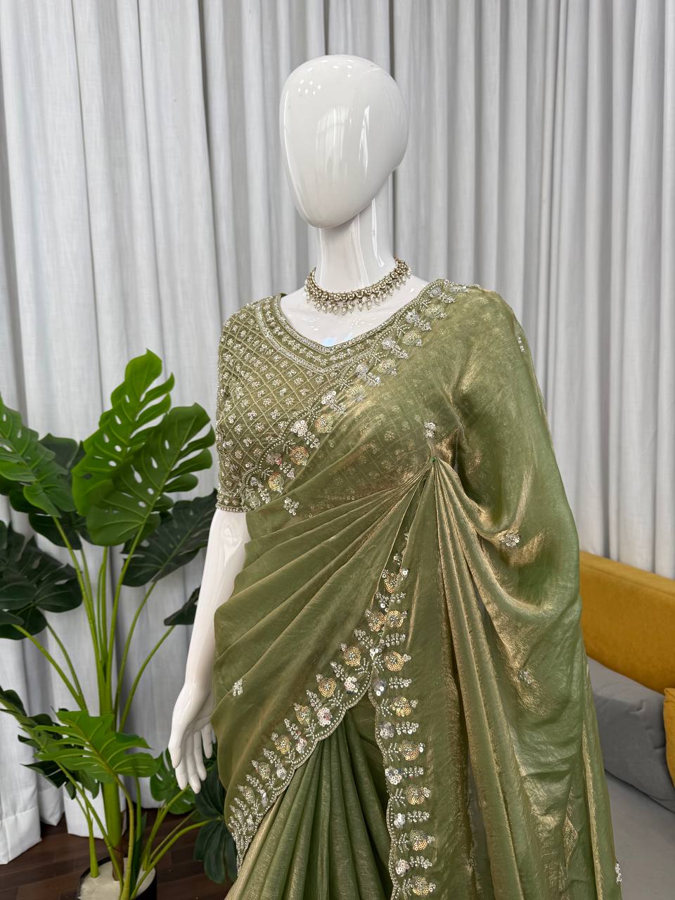 Olive Green Embroidered Saree with Heavy Work Blouse | Party Wear