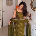 Olive Green Fendy Silk Embroidered Straight Suit Set