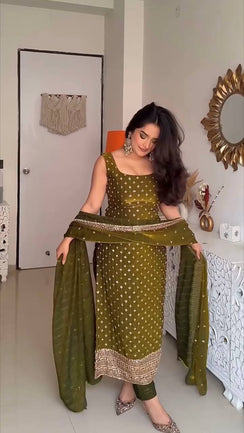 Olive Green Fendy Silk Embroidered Straight Suit Set