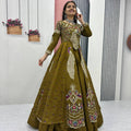 Olive Green Embroidered Vichitra Silk Crop Top Lehenga Set with Shrug for Women