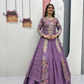 Dusty Purple Embroidered Vichitra Silk Crop Top Lehenga Set with Shrug for Women