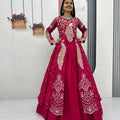 Rani Pink Embroidered Vichitra Silk Crop Top Lehenga Set with Shrug for Women