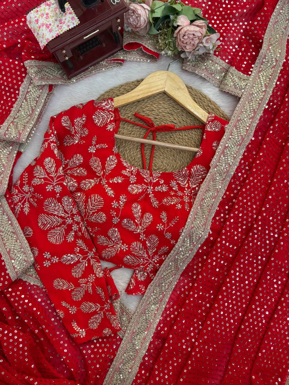 Red Designer Saree with Sequin Work - Party Wear Wedding Saree by Chicora Wear

