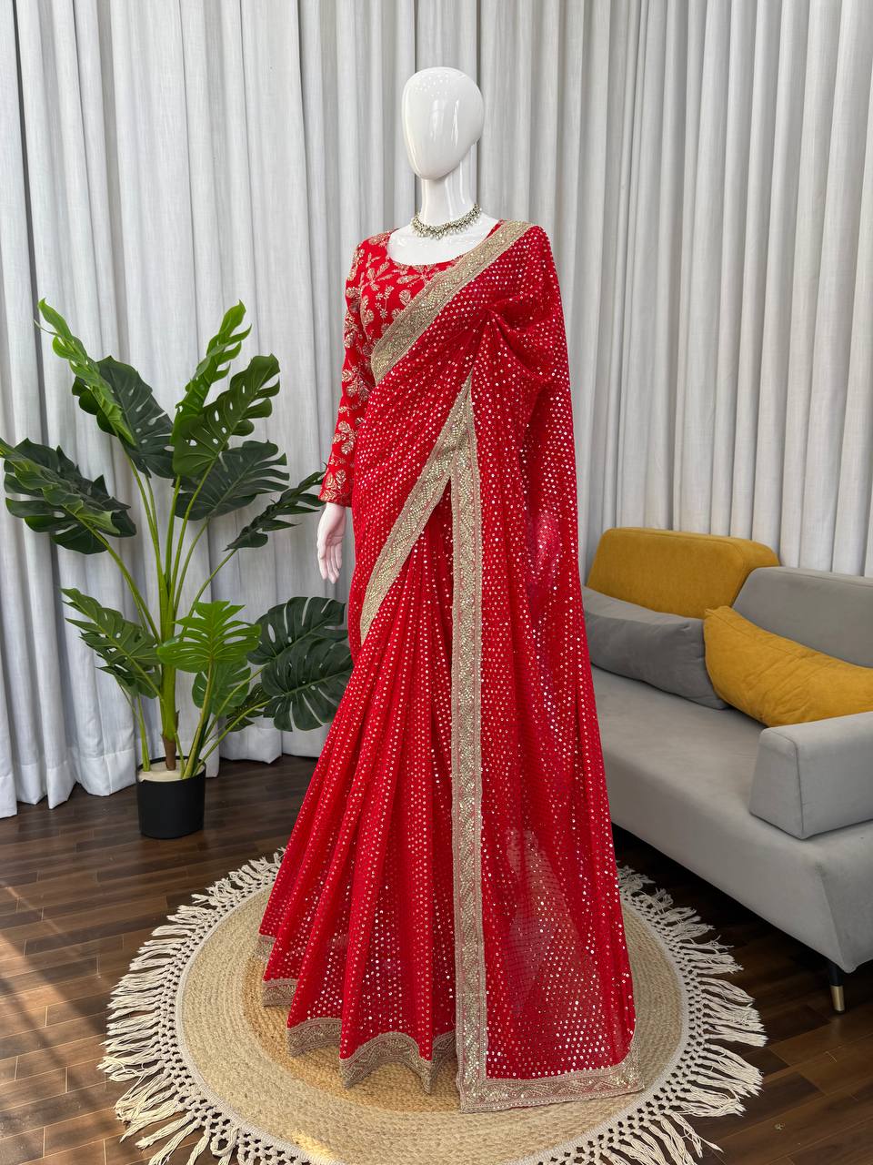 Red Georgette Saree - Bridal Reception Saree with Sequin Embroidery by Chicora Wear
