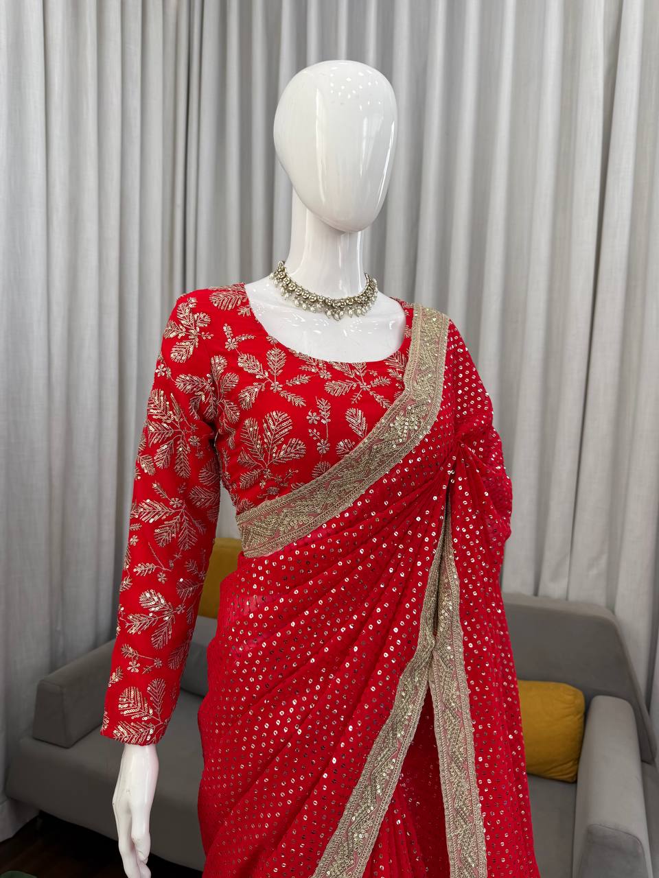 Red Sequin Saree - Designer Party Wear Saree with Embroidered Blouse by Chicora Wear

