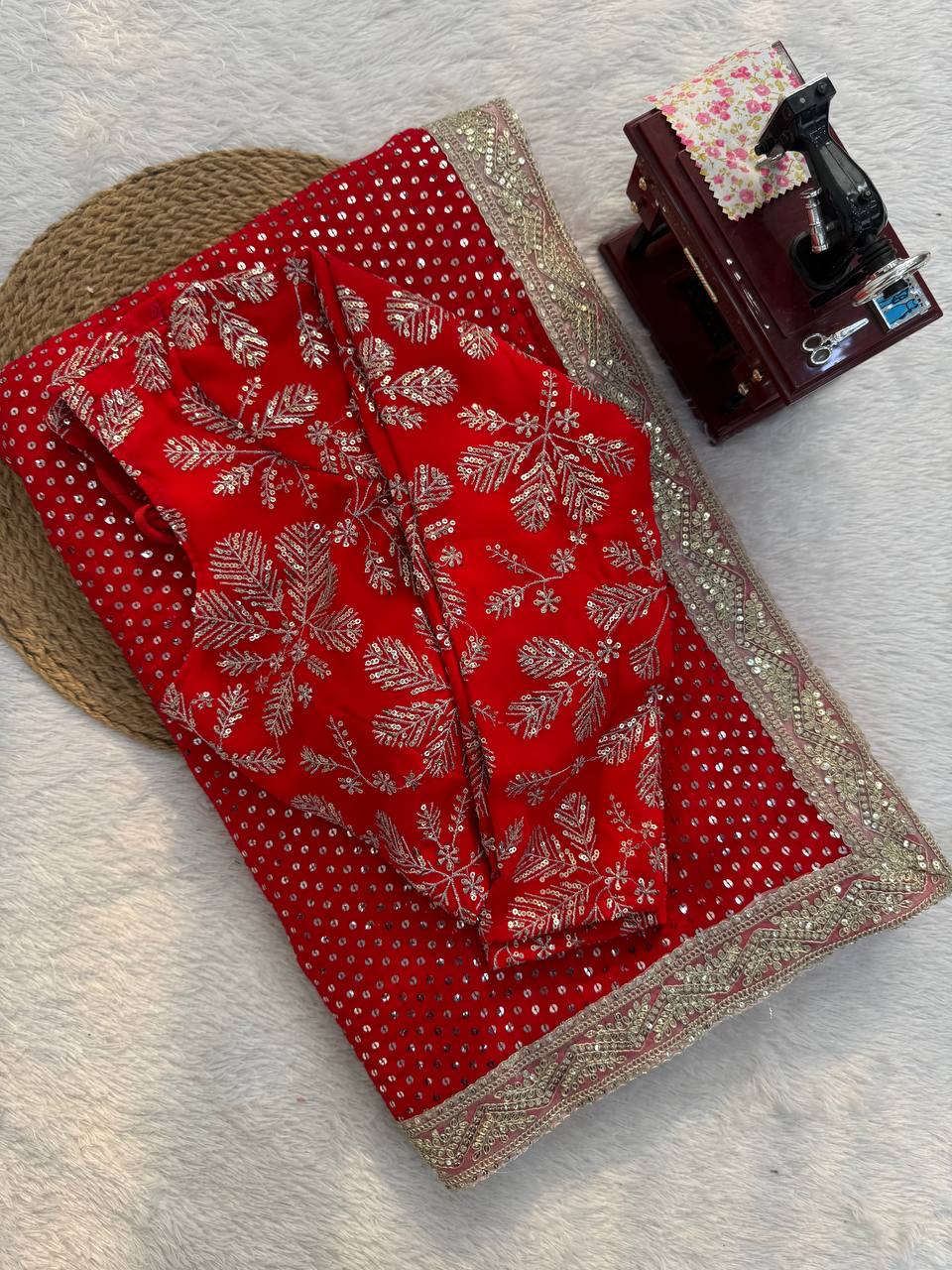 Red Faux Georgette Embroidered Saree with Thread Work - Wedding Saree by Chicora Wear


