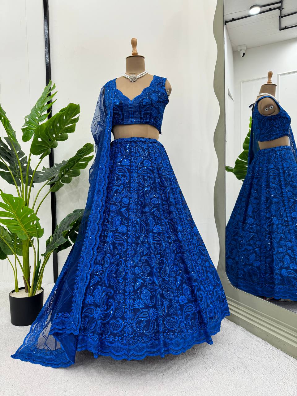 Royal Blue Faux Georgette Embroidered Lehenga Set