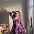 Royal Purple Fendy Silk Embroidered Gown with Lehenga Set