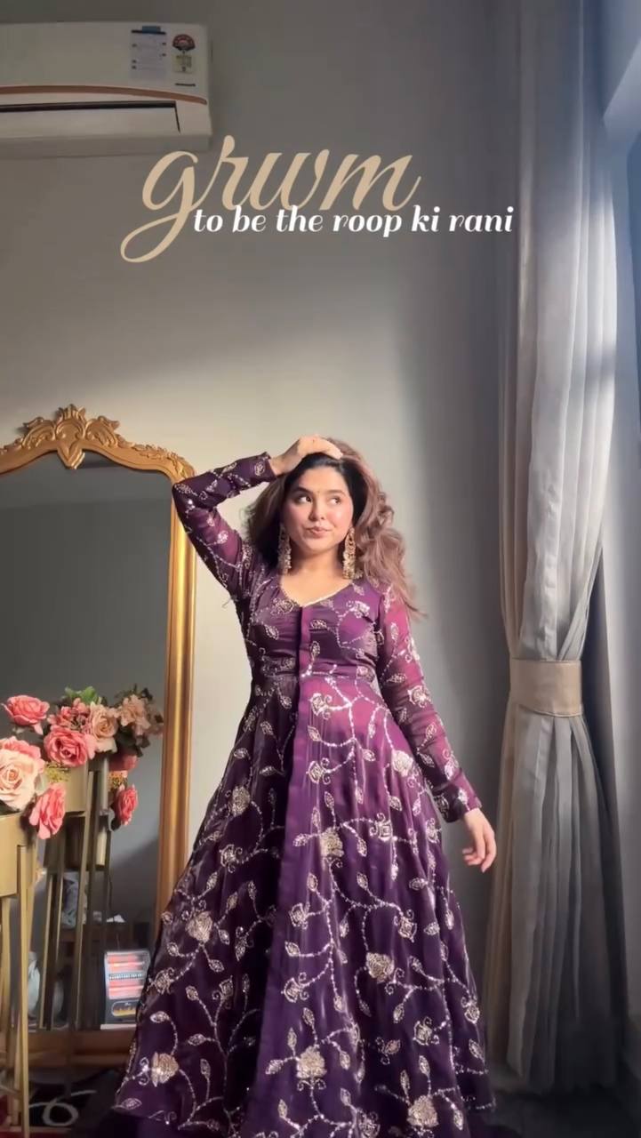 Royal Purple Fendy Silk Embroidered Gown with Lehenga Set