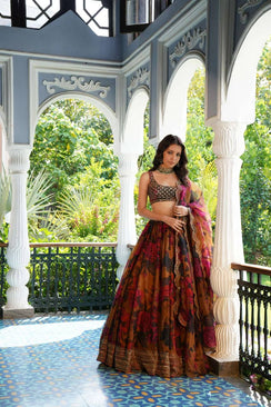 Rust Brown Floral Digital Print Tabby Organza Lehenga Set