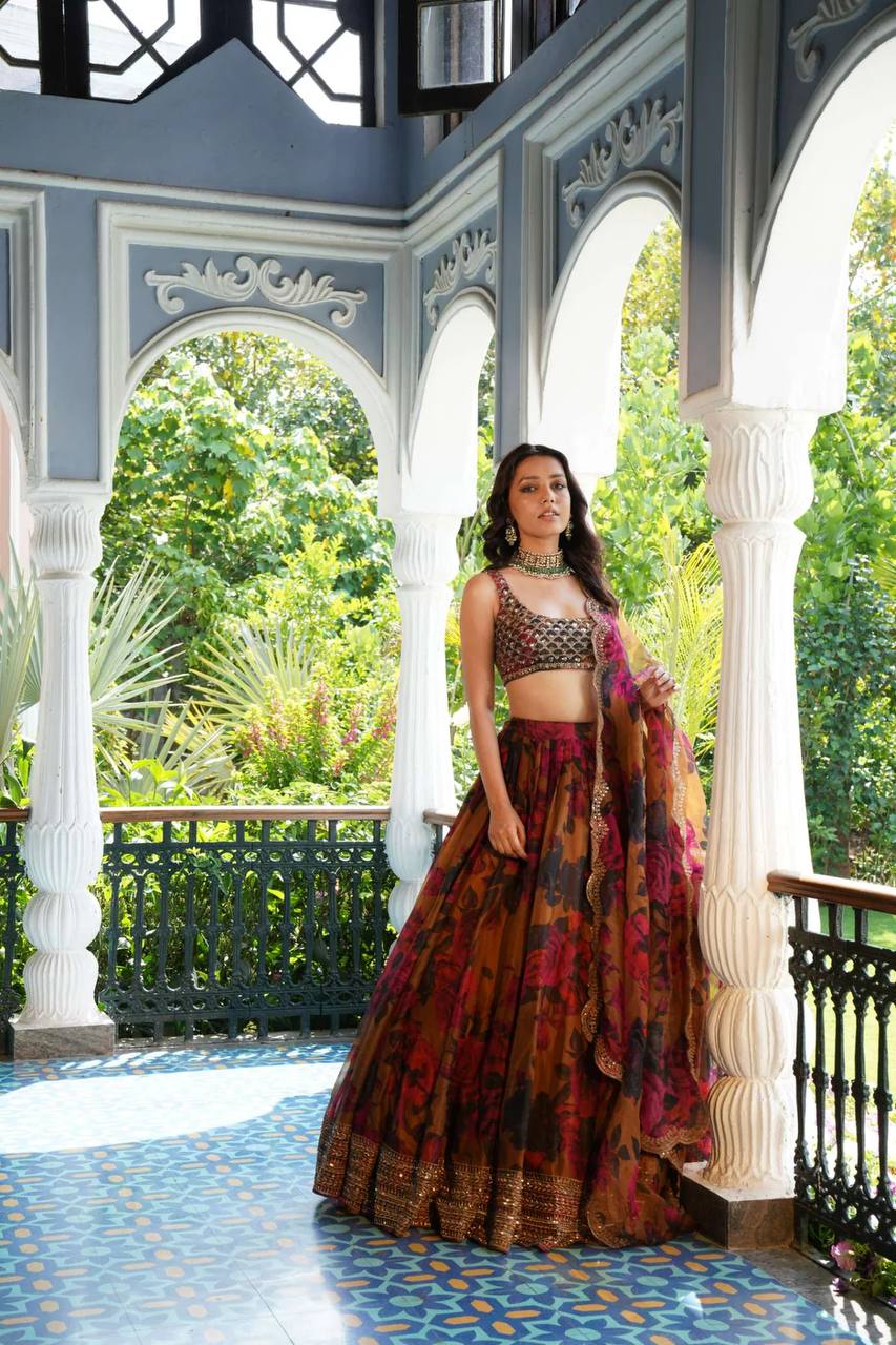 Rust Brown Floral Digital Print Tabby Organza Lehenga Set