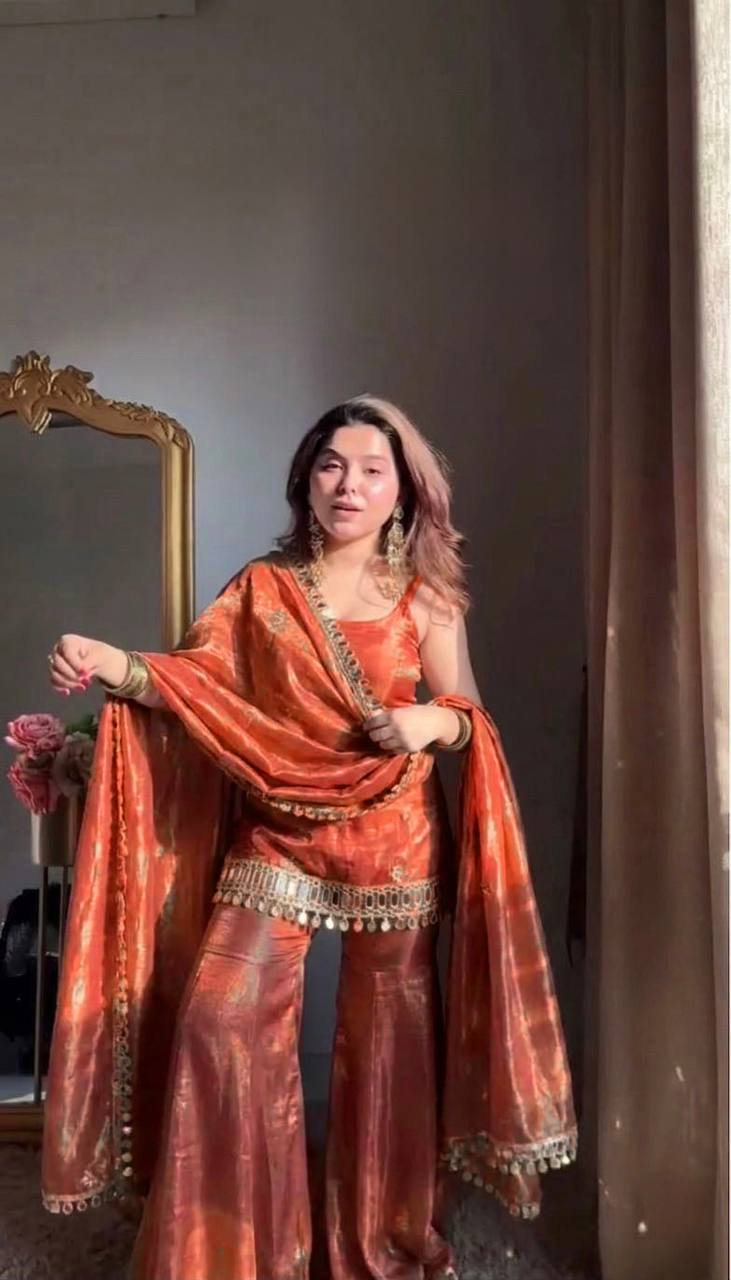 Rust Orange Embroidered Fendy Silk Palazzo Set with Dupatta