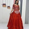 Rust Orange Embroidered Vichitra Silk Lehenga Choli Set