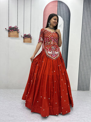 Rust Orange Embroidered Vichitra Silk Lehenga Choli Set