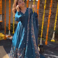 Teal Blue Crepe Silk Embroidered Anarkali Palazzo Set