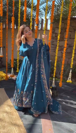 Teal Blue Crepe Silk Embroidered Anarkali Palazzo Set