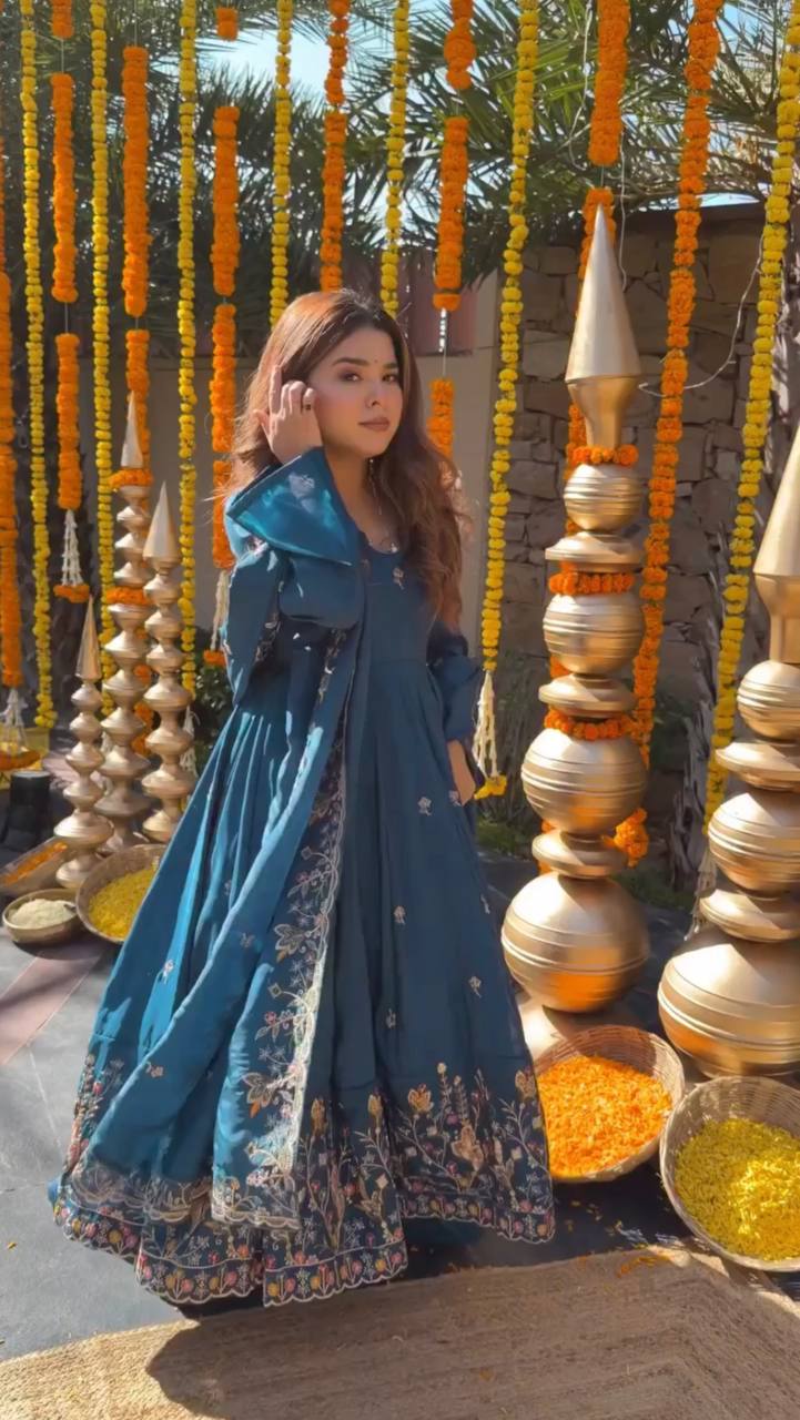 Teal Blue Crepe Silk Embroidered Anarkali Palazzo Set