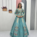 Teal Blue Embroidered Vichitra Silk Crop Top Lehenga Set with Shrug for Women