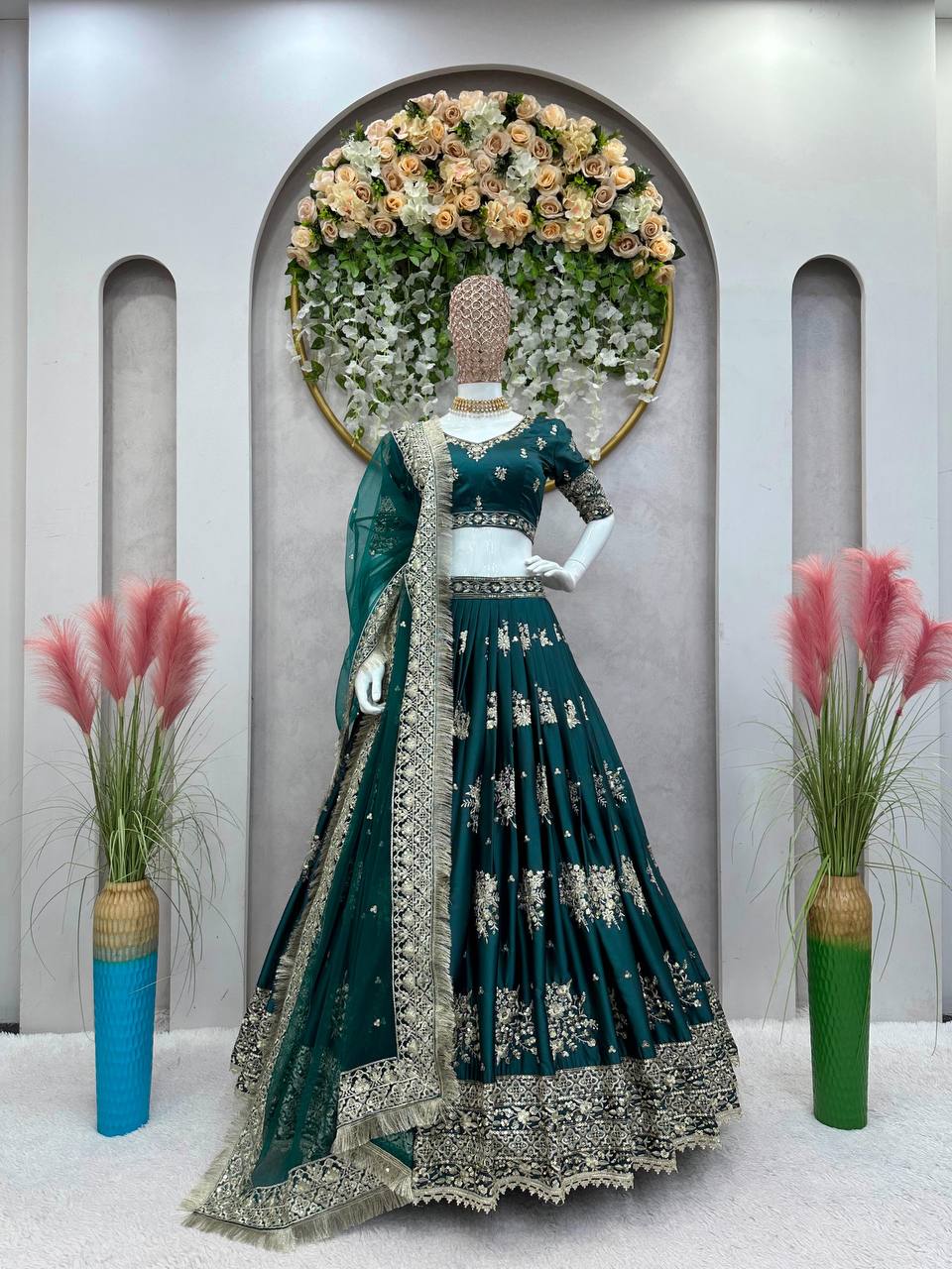 Teal Green Japan Satin Embroidered Lehenga Set