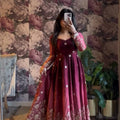 Wine Chinon Silk Embroidered Anarkali Set