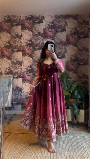 Wine Chinon Silk Embroidered Anarkali Set
