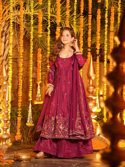 Rani Pink Crepe Silk Embroidered Anarkali Palazzo Set