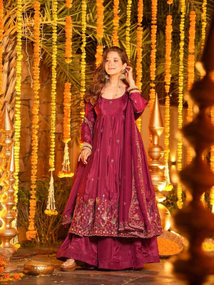 Rani Pink Crepe Silk Embroidered Anarkali Palazzo Set