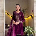 Wine Embroidered Roman Glass Kurta Pant Set with Dupatta