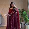 Wine Fendy Silk Embroidered Anarkali Set