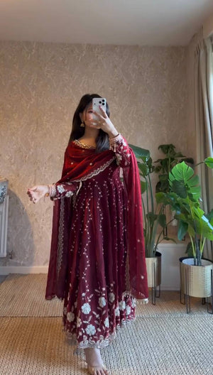 Wine Fendy Silk Embroidered Anarkali Set