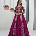 Wine Embroidered Vichitra Silk Crop Top Lehenga Set with Shrug for Women