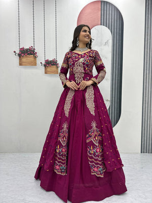 Wine Embroidered Vichitra Silk Crop Top Lehenga Set with Shrug for Women