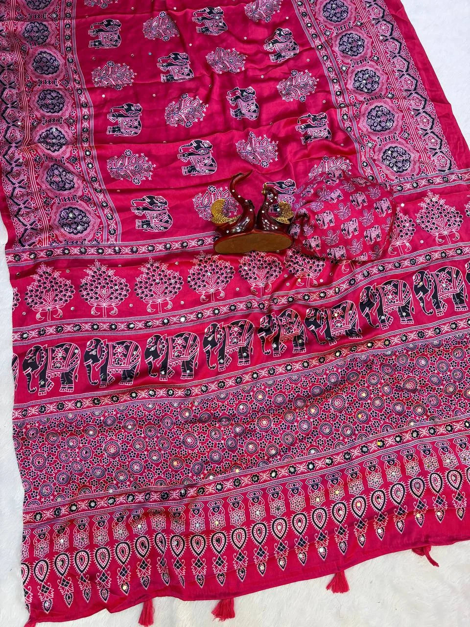 Ajrakh elephant print saree rani pink with black elephant and floral tree motifs