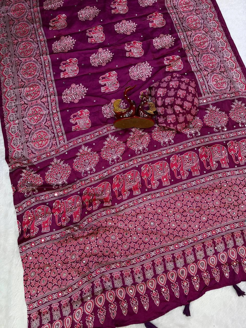 Ajrakh elephant print saree wine magenta with elephant procession and latkans – full view