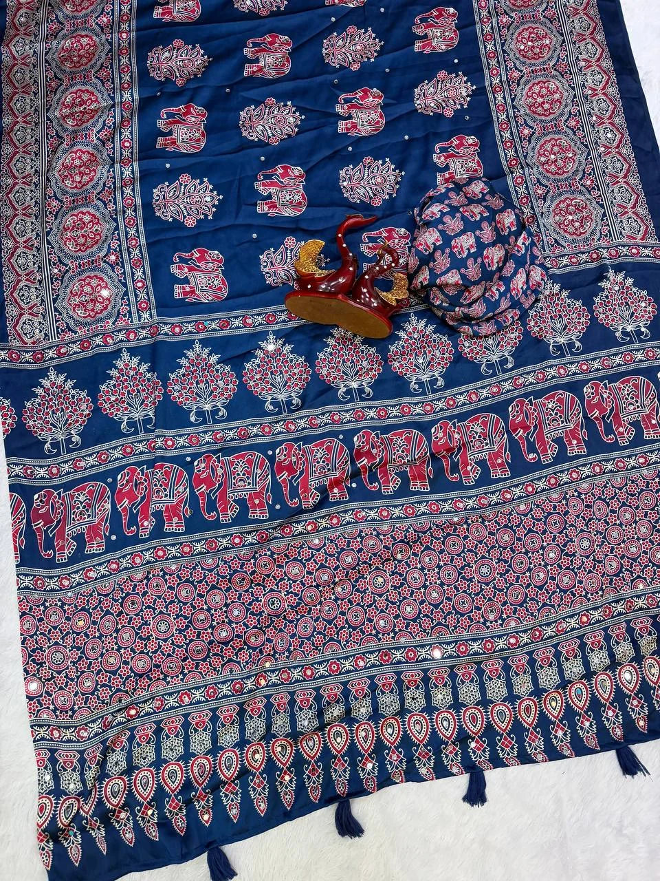 Ajrakh Japan satin saree navy blue with red elephant and floral tree Ajrakh motifs