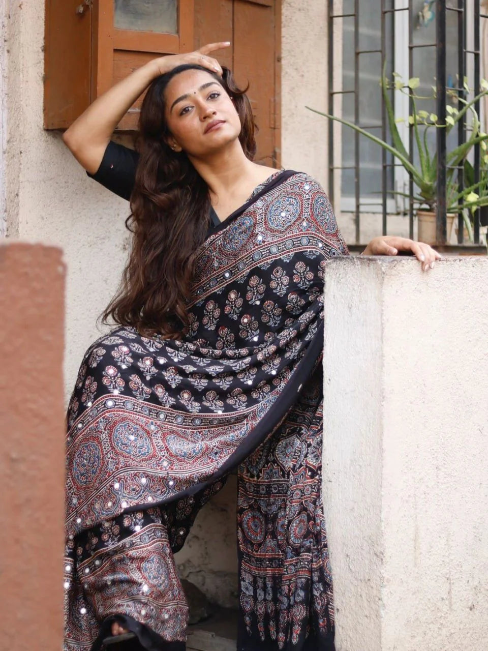 black ajrakh modal silk saree overhead drape with mirror work detailing