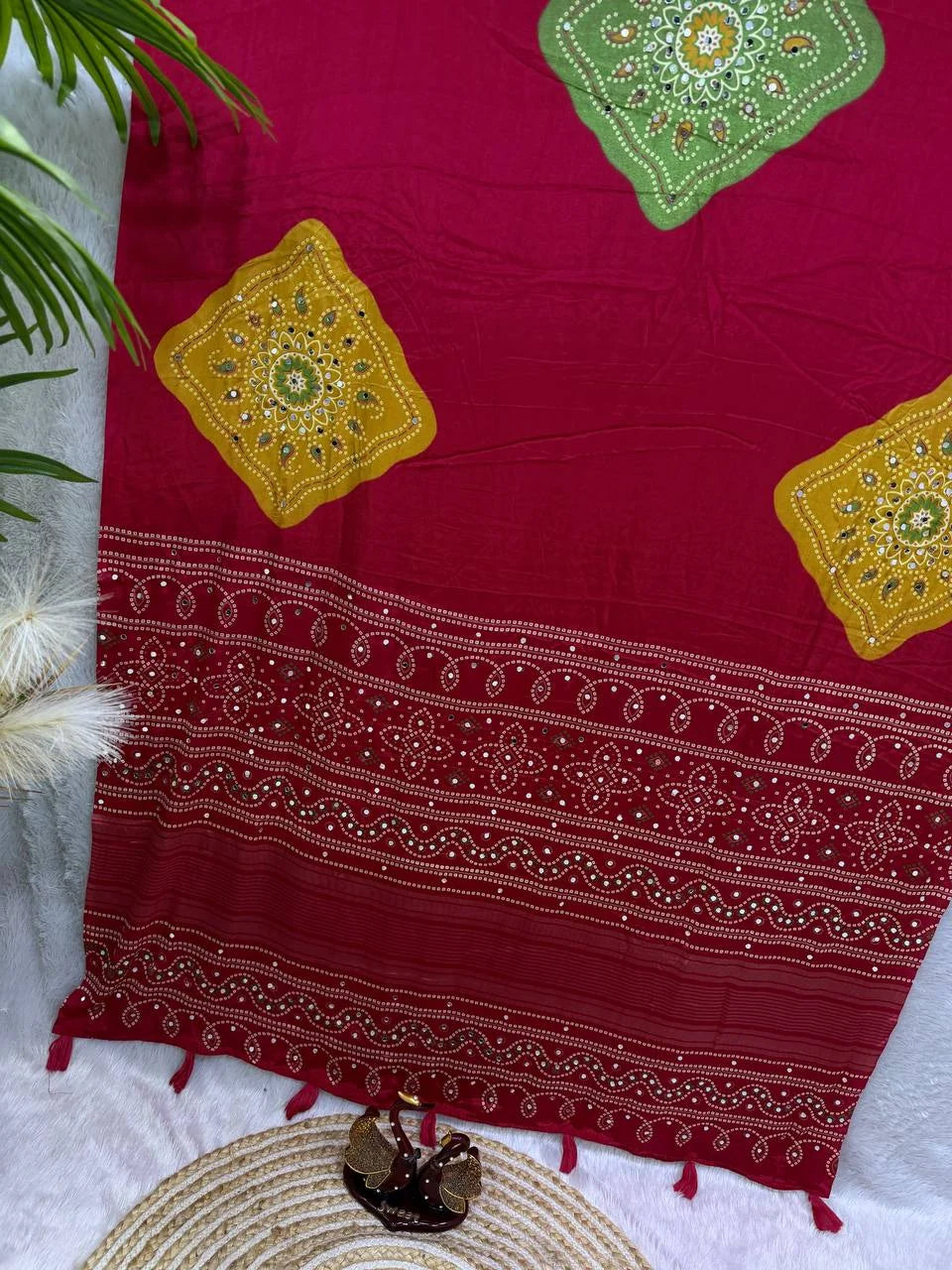 Ajrakh print saree magenta rani pink with green and yellow chakra medallions – full view