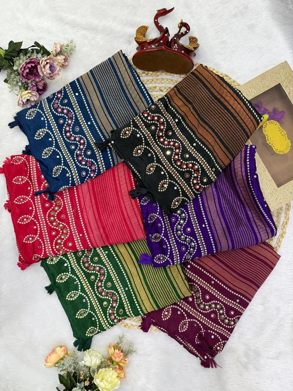 Ajrakh saree with mirror work 6 colour options dark green navy blue black purple rani pink wine