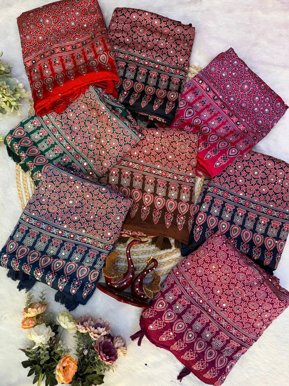 Ajrakh saree with mirror work 7 colour options brown black green navy pink wine red