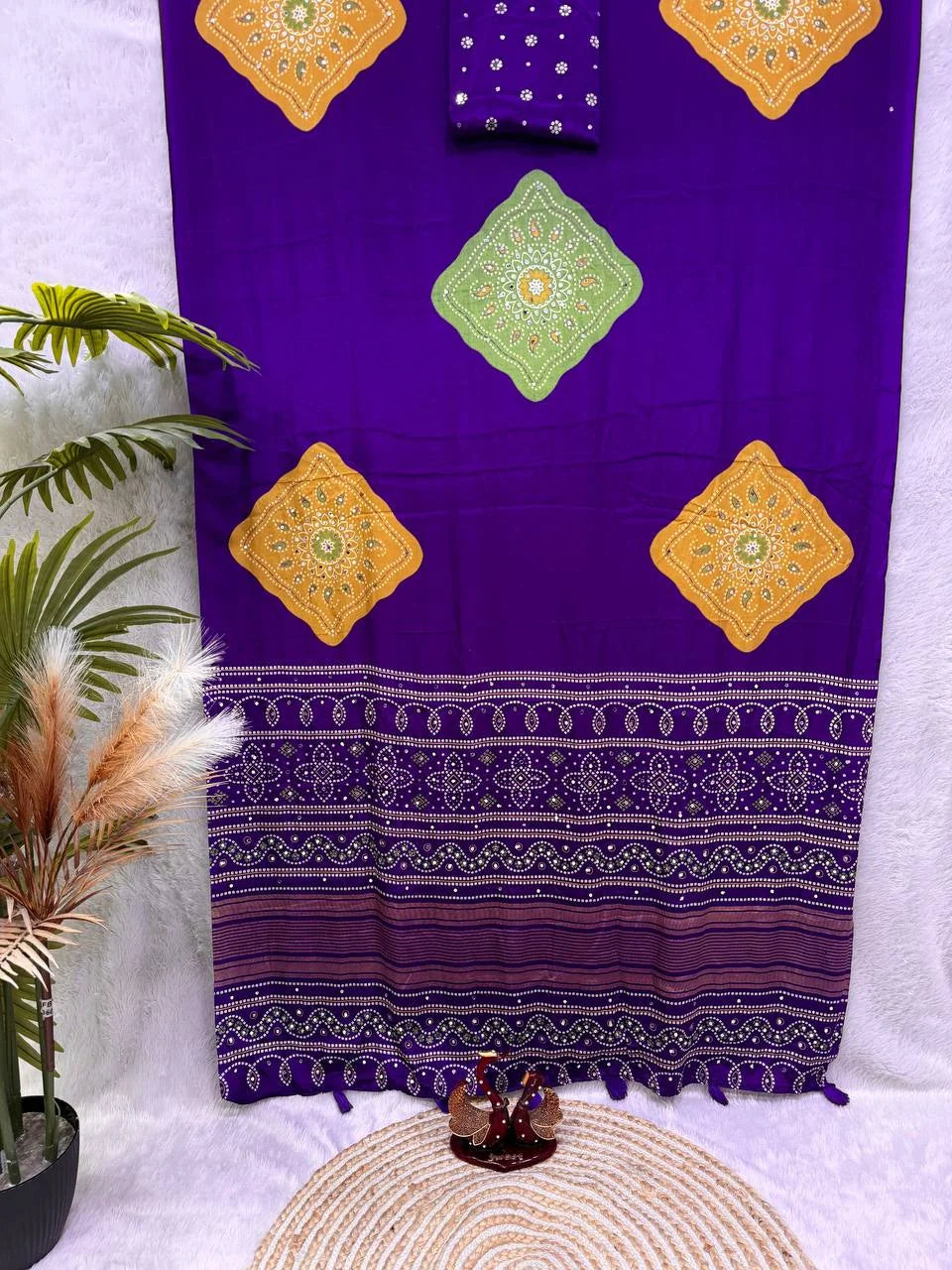 Ajrakh saree royal purple with yellow chakra medallions and real mirror work border