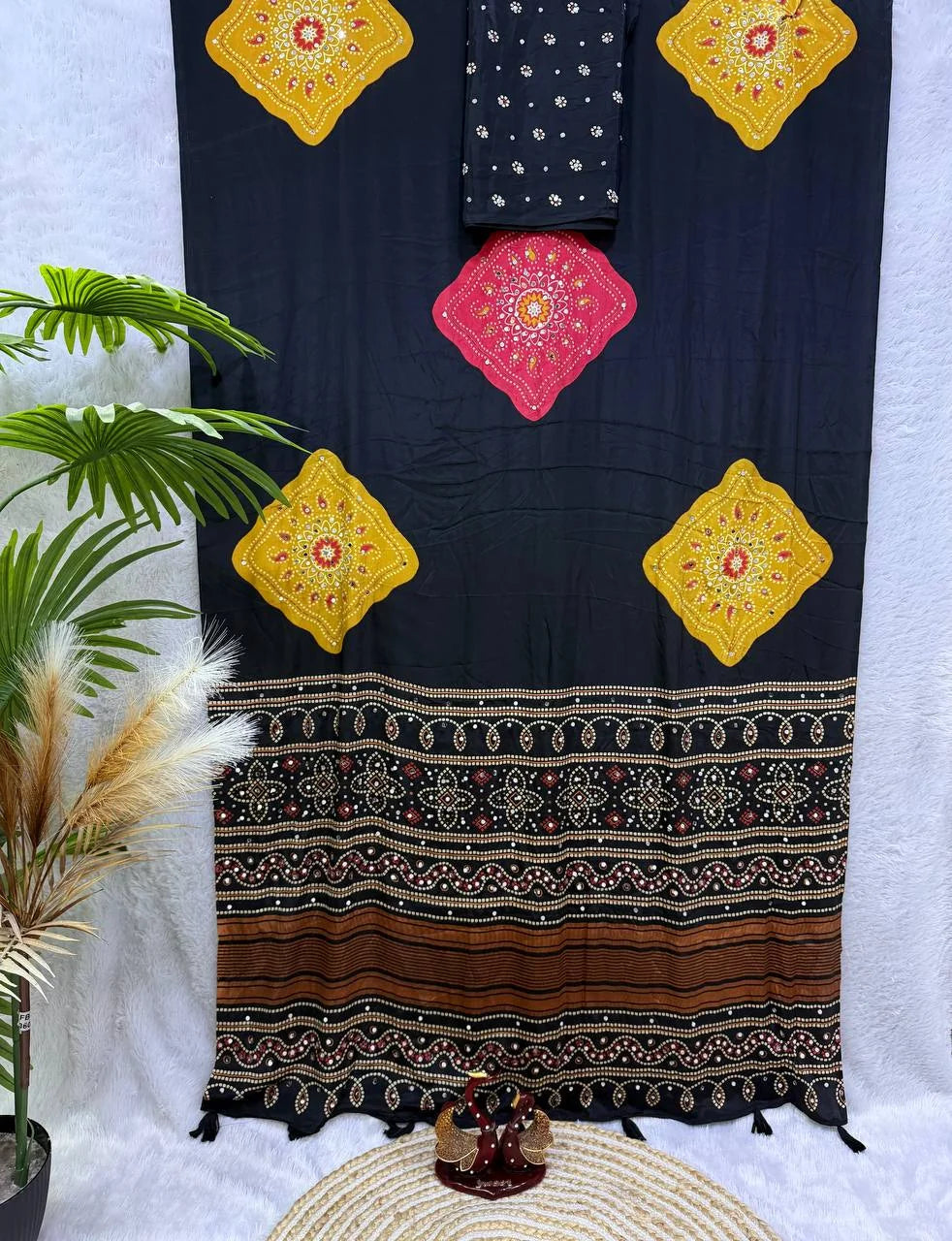 Ajrakh satin crepe saree black with yellow medallions and latkans detail – full view
