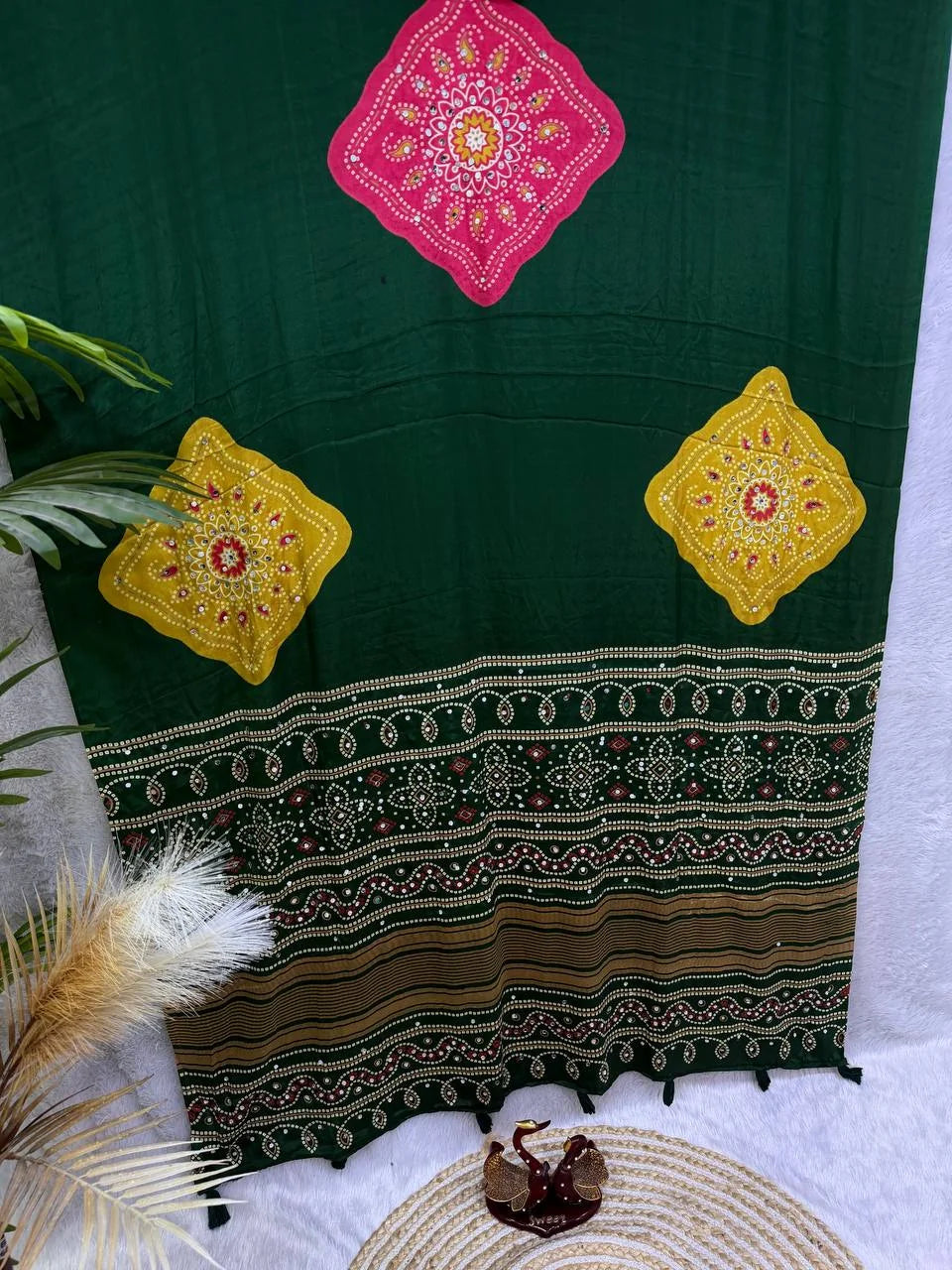 Ajrakh satin crepe saree dark green border with real mirror work and ajrakh print detail