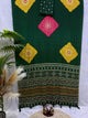 Ajrakh satin crepe saree with mirror work dark green yellow medallions latkans – flat lay