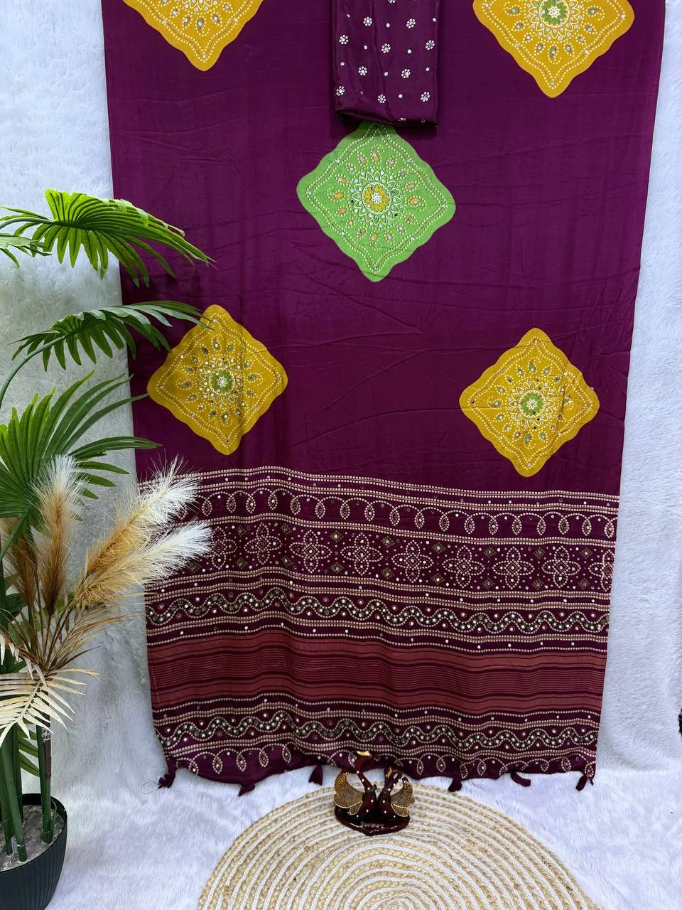 Ajrakh satin crepe saree wine plum with yellow medallions and mirror work border