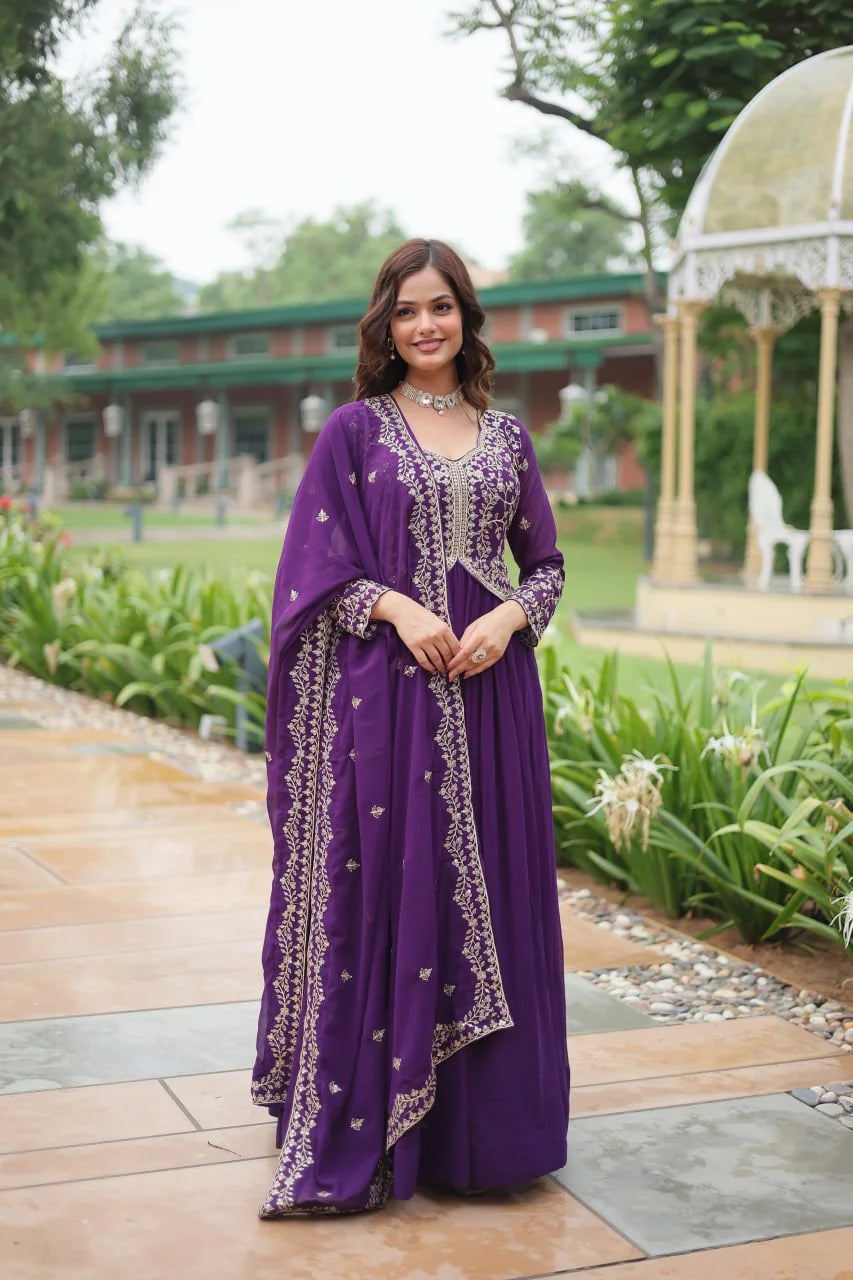 purple alia cut gown with dupatta front standing view