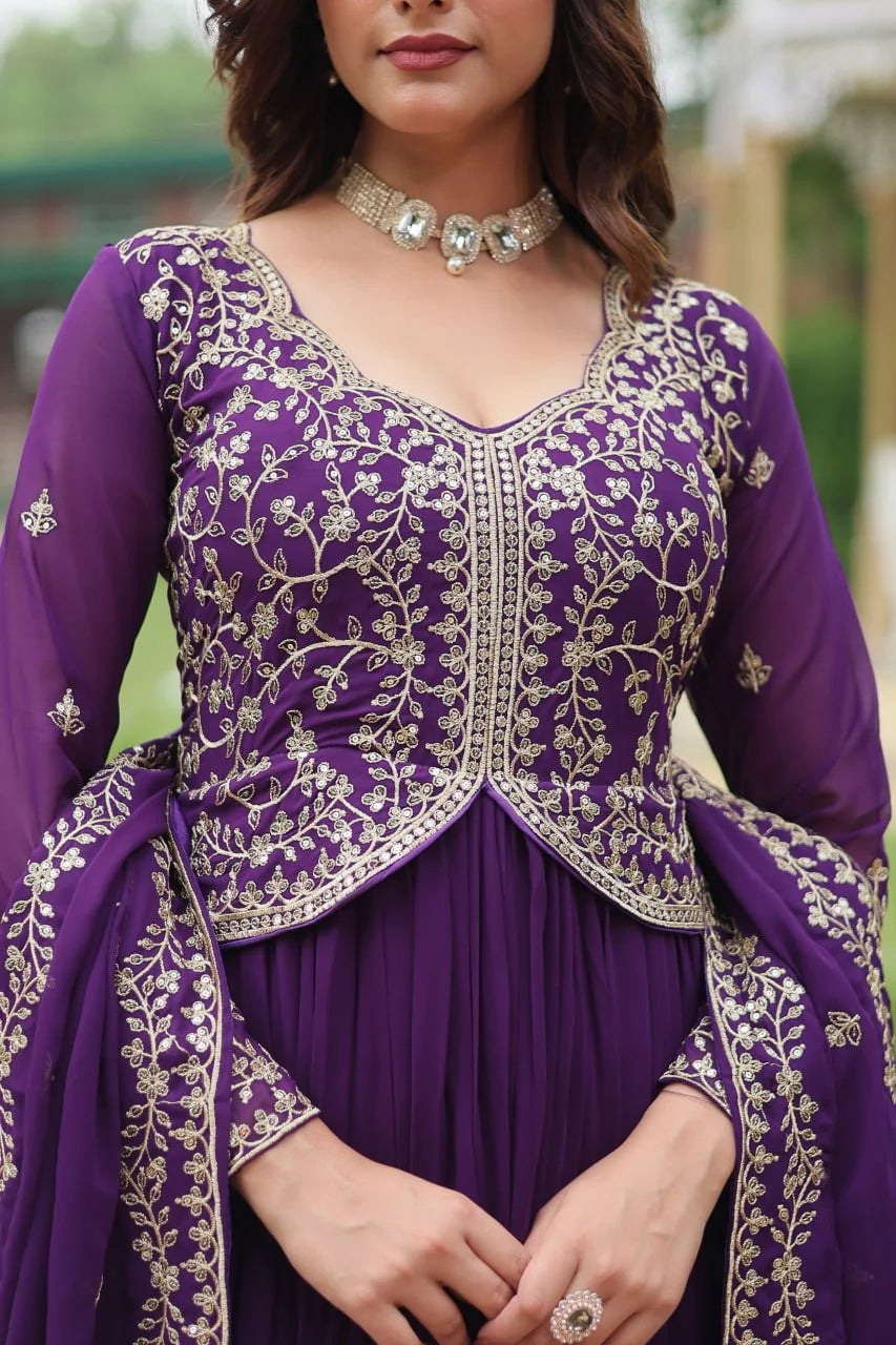 purple alia cut gown sweetheart neckline embroidery closeup